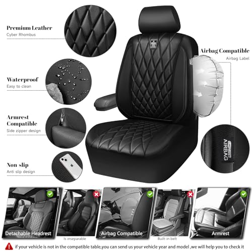 CAR PASS Piping Luxury Faux PU Leather Two Front Car Seat Covers, Waterproof Anti Slip Seat Covers Compatible with Front Seat Armrests,Universal Fit for Suvs,Vans,Trucks, Airbag Compatible(All Black) - color: All Black, size: Two Front