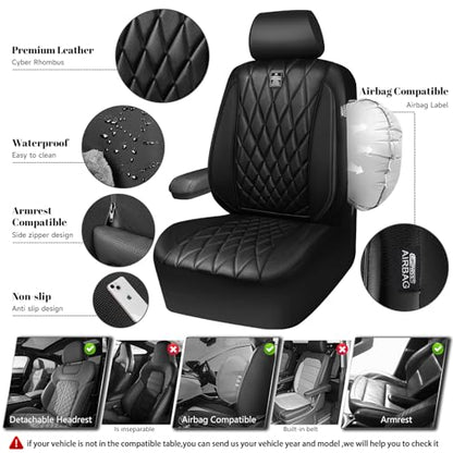 CAR PASS Piping Luxury Faux PU Leather Two Front Car Seat Covers, Waterproof Anti Slip Seat Covers Compatible with Front Seat Armrests,Universal Fit for Suvs,Vans,Trucks, Airbag Compatible(All Black) - color: All Black, size: Two Front