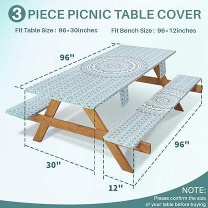 Fitted 8Ft Picnic Table Cover with Chair Covers Elastic Polyester Stain Resistant Reusable Camping Table Cloth Patio Family Glamping Things Hiking Rv Traveling Needs Gifts for Grandparents - color: Green Bohemia, size: 96*30Inch