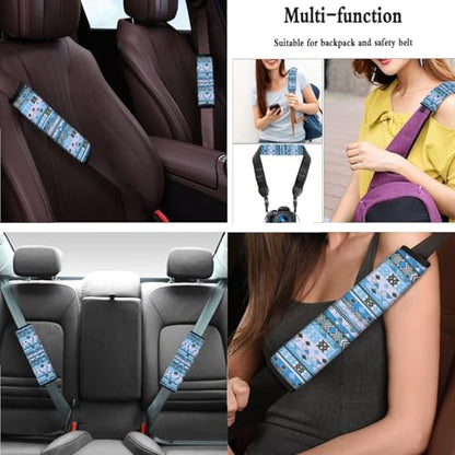 Aztec Style Printed 15 Pack Car Accessories Set, Sea Turtle Printed Car Seat Cover Full Set Steering Wheel Cover Car Headrest Cover Seat Belt Covers Car Coaster - color: Blue-Aztec Style Sea Turtle