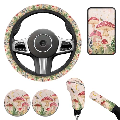Red Mushroom Print Car Interior Accessories Cute Mushroom Car Steering Wheel Cover for Women Cup Coaster Handbrake Gear Cover Suit for Truck Vans SUV 6pcs - color: red Mushroom