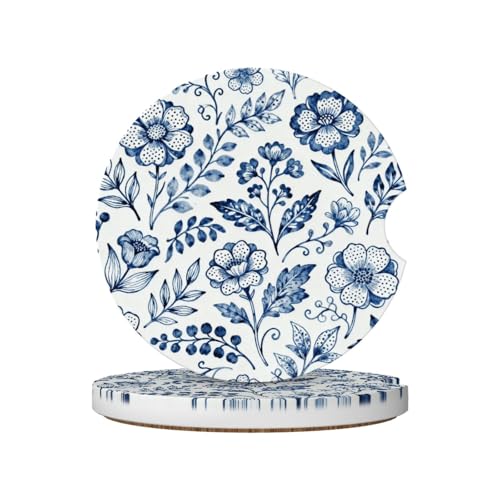 Blue Flowers 2 Pack Car Cup Holder Coasters Absorbent Ceramic Drink Coasters 2.56" Universal Anti Slip Cup Mat with Cork Base and Finger Notch Auto Accessories Interior for Women Men - color: Green