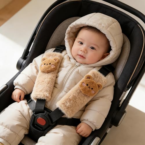 Baby Car Seat Neck Cover, Baby Strap Pad, Car Seat Strap Cover, Car Seat Belt Cover Boy Girl, Baby Neck Pad, Car Strap Pad Fleece, Belt Pad Plush Doll, Seat Belt Pads (Bear Doll in Brown Fleece) - color: Bear doll in brown