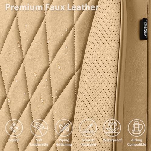 CAR PASS Piping Luxury PU Leather Two Front Car Seat Covers, Waterproof Anti Slip Seat Covers Compatible with Front Seat Armrests,Universal Fit for Suvs,Vans,Trucks,Airbag Compatible(All Beige) - color: All Beige, size: Two Front