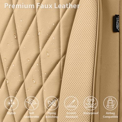 CAR PASS Piping Luxury PU Leather Two Front Car Seat Covers, Waterproof Anti Slip Seat Covers Compatible with Front Seat Armrests,Universal Fit for Suvs,Vans,Trucks,Airbag Compatible(All Beige) - color: All Beige, size: Two Front