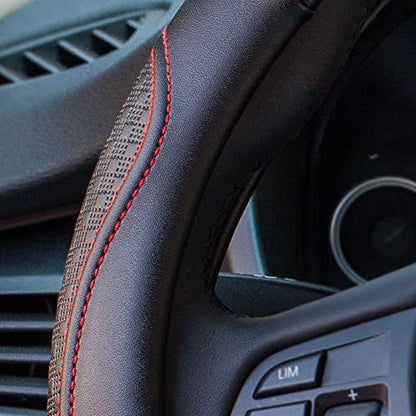 Valleycomfy Leather Steering Wheel Covers Universal 15.75 inch -Breathable, Anti Slip & Odor Free (Black with Red Lines,L(15" 1/2-16")) - color: Red, size: L(15"1/2-16")