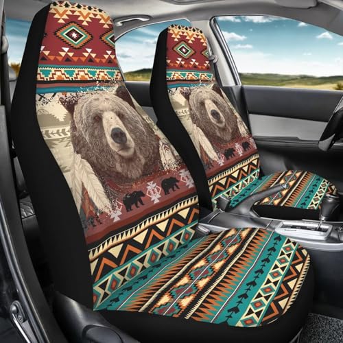 Dreaweet Native American Bear Seat Covers for Cars SUV Trucks 2 Piece Washable Universal Car Seat Cover Front Seats Only Easy to Install Carseat Cover Protection - color: Bear Native American