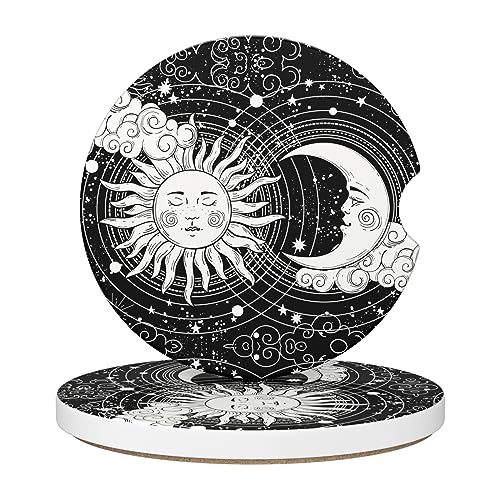 Car Cup Holder Coaster, Car Coasters for Cup Holders, 2 Pack Universal Anti Slip Insert Absorbent Ceramic Auto Interior Accessories with A Finger Notch & Cork Base, Sun Moon - color: Sun Moon