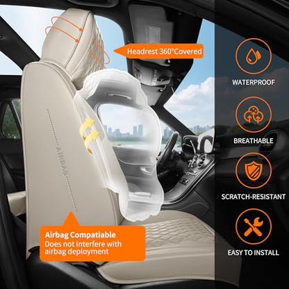 Beige Leather Car Seat Covers Full Set,High-Density Contoured Nappa Leather Universal Precision Fit Automotive Seat Covers,Waterproof Car Seat Protector,forros para asientos de carro,Style1 Beige - color: Beige Full Coverage