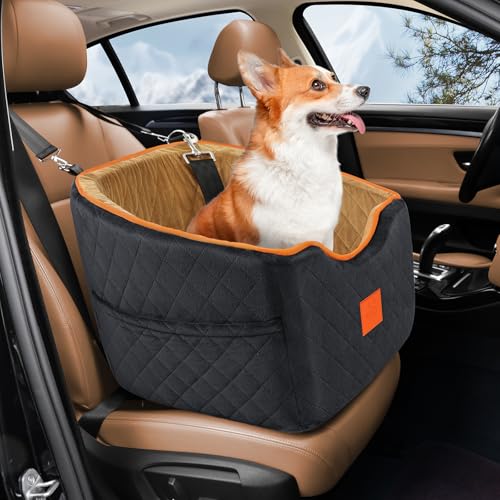 XIEEAOZEE Dog Car Seat for Small Dogs, Memory Foam Booster Dog Seat for Dogs up to 35 lbs, Elevated Pet Car Seat with Washable Removable Cover, Storage Pockets - color: Black/Brown