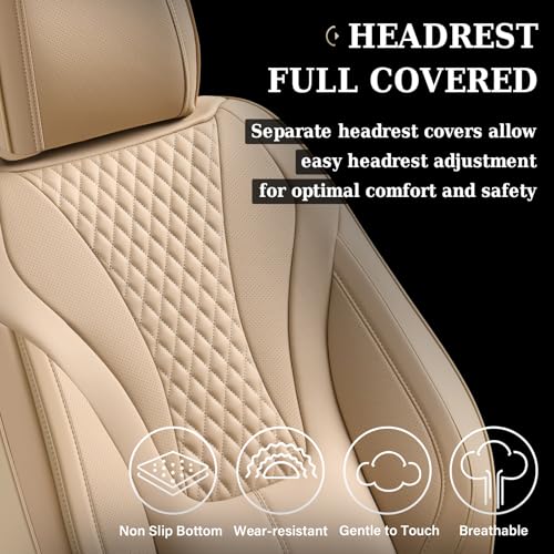 Coverado Waterproof Nappa Leather Car Seat Covers, Automotive Seat Covers，Front Car Seat Cushion & Car Seat Protector, Beige Seat Covers Universal Fit for Most Cars, SUVs, Trucks - color: Beige-N, size: Front