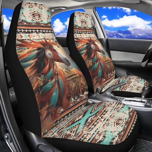 Dreaweet Aztec Seat Covers for Cars SUV Trucks 2 Piece Universal Native American Tribal Horse Car Seat Cover Front Seats Only Washable Elastic Bucket Seat Covers Easy to Install - color: Aztec Ethnic Tribal Horse