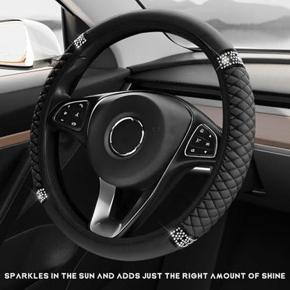 Bling Car Steering Wheel Cover, 15 Inch Sparkly Rhinestone Soft Leather Steering Wheel Protector, Non-Slip Universal Auto Elastic Steering Wheel Covers for Women Girls (Black)