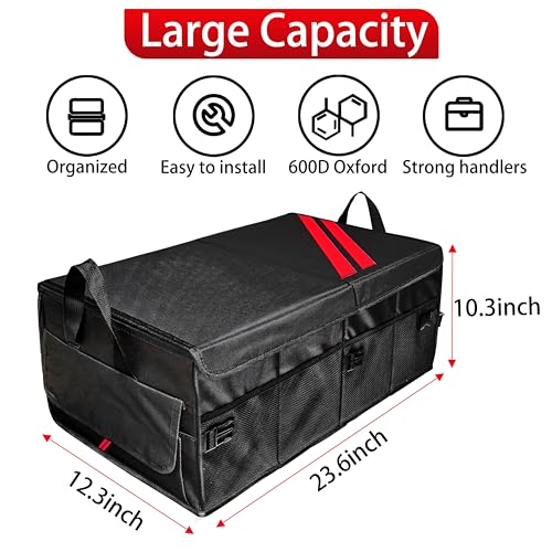 YOSRTER Car Trunk Organizer for Dodge Charger Durango Challenger Ram Collapsible Storage Box with Handle Foldable Lid Non Slip Bottom 2 Compartment Sturdy Base Panel for Dodge Accessories(Red Trim)