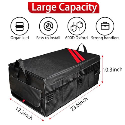 YOSRTER Car Trunk Organizer for Dodge Charger Durango Challenger Ram Collapsible Storage Box with Handle Foldable Lid Non Slip Bottom 2 Compartment Sturdy Base Panel for Dodge Accessories(Red Trim)