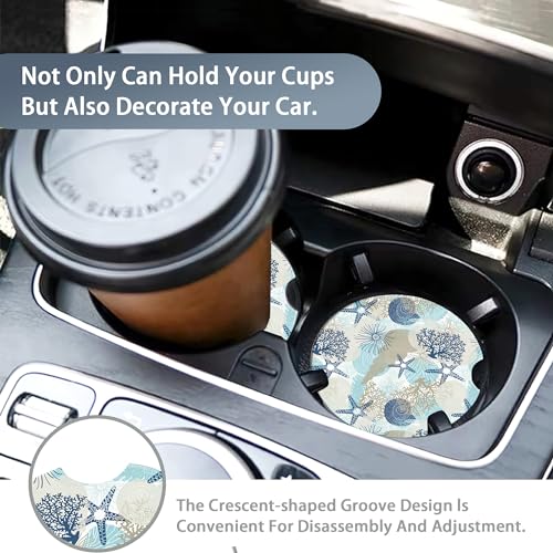 Car Coasters for Cup Holders,2 Pack Coastal Beach Absorbent Ceramic Coaster Shell Starfish Coral Non-Slip Auto Accessories Interior Decor