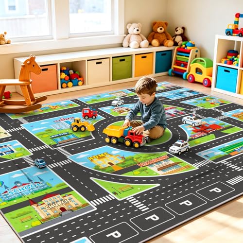 Kids Area Rugs for Playroom Non-Silp Carpet 7x9Ft Washable Rug for Childs, City Road, Building, Landmark Playmat for Kids Bedroom Playroom