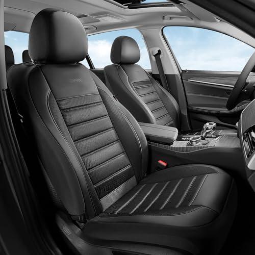 Coverado Car Seat Covers Full Set, Luxury Leather Car Seat Covers, Automotive Front and Rear Mesh Seat Covers, Full Set 5 Seats, Black Seat Covers for SUV Sedan Truck