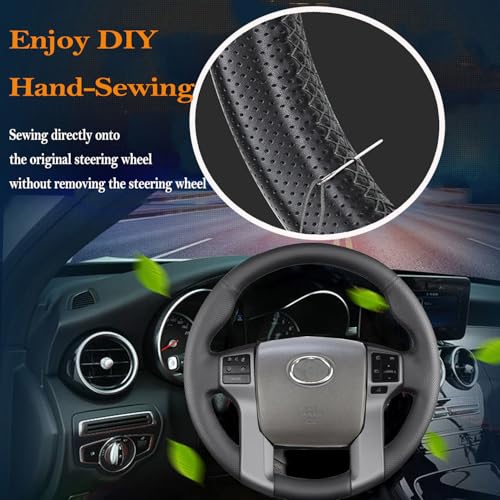 Hand Stitch Steering Wheel Cover Customized Fit for Toyota Tacoma 2012-2021, 4Runner 2010-2021, Tundra Sequoia 2014-2021 Black Leather