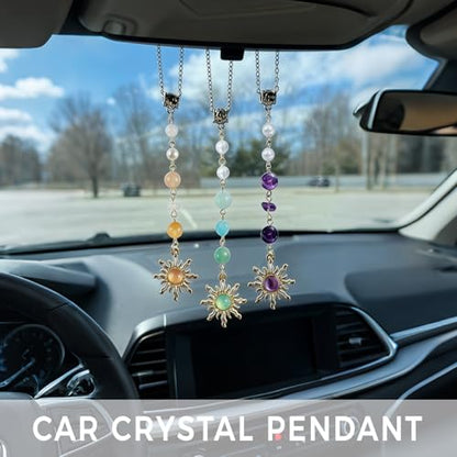 Boho Sun Rearview Mirror Charm, Evil Eye Hanging Car Charm for Rear View Mirror, Crystal Hanging Accessories 7 Inch Alloy Car Ornament for Women Men Unisex Gift of Joy & Protection,Green