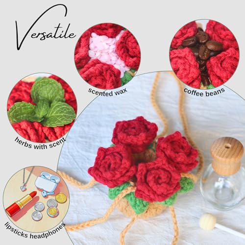 ROFIGL Handmade Crochet Hanging Car Air Freshener - Romantic Red Rose Design, 12ml Refillable Thick Glass Bottle, Car Diffuser for Rearview Mirror, Home & Office Romantic Decor - style: Rose