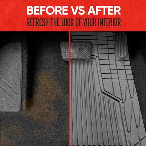 Motor Trend AdventureMax Car Floor Mats Full Set - Durable Rubber Floor Mats for Cars with Debris Capture Grooves, All Weather Interior Protection for Front and Rear with Non-Slip Backing, Gray