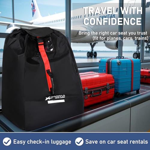 Car Seat Travel Bag for Airplane backpack with padded shoulder straps, Large Waterproof Car Seat Bags Fits Most Infant Car Seats, Convertible Car Seats, Booster Seats, Car Seat Bases - color: Black with red