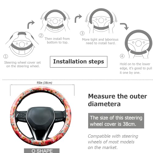 Poppy Coral Pink Flowers Steering Wheel Cover Auto Jacquard Steering Wheel Protector, Anti-Slip, Breathable, Absorbing Sweat, Universal Car Accessories 14.5–15 inch,Fit for Most Car, Trucks, SUV - style: Poppy Coral Pink Flowers