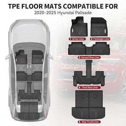 YITAMOTOR Floor Mats Fit for 2020-2025 Hyundai Palisade 7/8 Passenger, All Weather TPE Rear Trunk mat for Palisade Car Accessories, 1st & 2nd & 3rd Row & Backrest Mats & Cargo Liner, Black