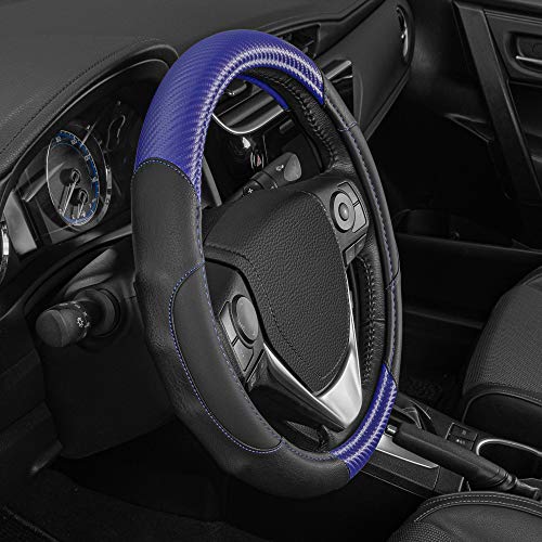 BDK GripDrive Carbon Fiber Steering Wheel Cover, Non-Slip Sporty Racing Faux Leather Ergonomic Comfortable Handle, Steering Wheel Cover for Cars Trucks Vans SUV - Fits Standard 15 Inch - Blue