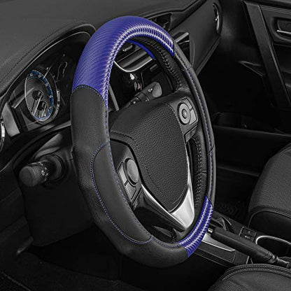 BDK GripDrive Carbon Fiber Steering Wheel Cover, Non-Slip Sporty Racing Faux Leather Ergonomic Comfortable Handle, Steering Wheel Cover for Cars Trucks Vans SUV - Fits Standard 15 Inch - Blue