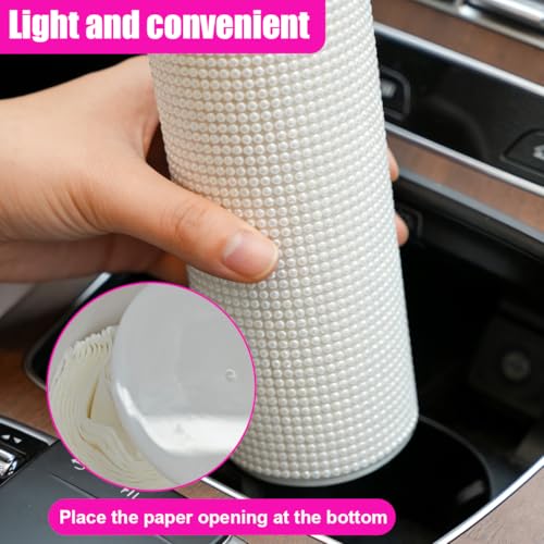 Craedli Bling Car Tissue Holder for Cup Holder, Sparkly Crystal Rhinestone Round Cylinder Car Tissue Box, Refillable Tissues Dispenser Auto Interior Paper Napkin Container with 1 Pack Tissues (White) - color: White