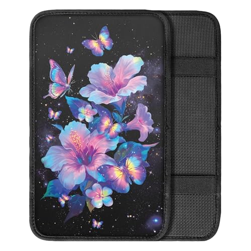 Purple Butterfly Hibsicus Print Car Center Console Cover,Universal Armrest Seat Box Cover,Auto Armrest Cover Protector - color: Purple Butterfly Hibsicus