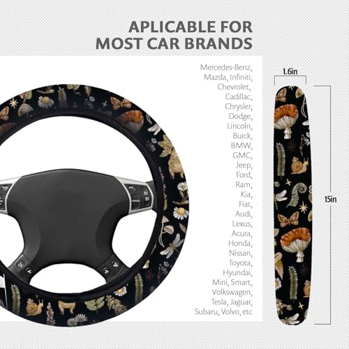 Woodland Fern Moth Dragonfly Mushroom Amanita Steering Wheel Cover, Car Cup Coasters & Quarter Keyring, Car Accessories Universal Fit 14.5-15 inch Wheel Auto SUV Sedan Vans Trucks - color: Dragonfly Mushroom