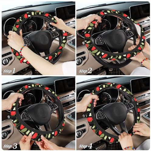 Strawberry Flowers Car Steering Wheel Cover, Non-Slip Absorbing Sweat Car Wheel Cover Accessories for Men Women,Universal 15" Fit Auto SUV Vans Trucks - color: Strawberry Flowers