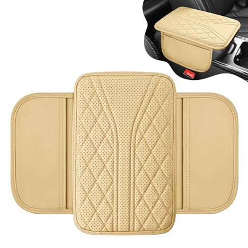 Car Center Console Cover, Leather Car Armrest Cover with 2 Storage Bags, Universal Auto Armrest Cushion, Automotive Interior Accessories Arm Rest Protector for Vehicle, SUV, Truck (Beige) - color: Beige