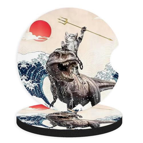 2pcs Cute Dinosaur and Cat Car Coasters,Absorbent Universal neoprener Cup Holder Coasters with a Finger Notch,Car Accessories for Women&Man Interior，2.75" 10 - color: Cute Dinosaur and Cat