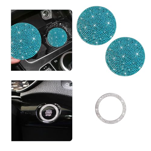 Ziciner 2 Pack Bling Car Cup Holder Coaster, Anti-Slip Auto Insert Coaster with Start Stop Button Cover, Universal Shiny Crystal Vehicle Interior Accessories for Women and Girls (Light Blue) - color: Light Blue, size: 2 Coaster+Start Button Cover