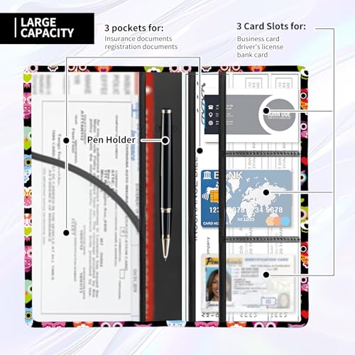 Leather Car Registration and Insurance Card Holder, Cute Car Accessories Vehicle Glove Box Car Organizer for Documents, Cards, License Cute Colorful Owls