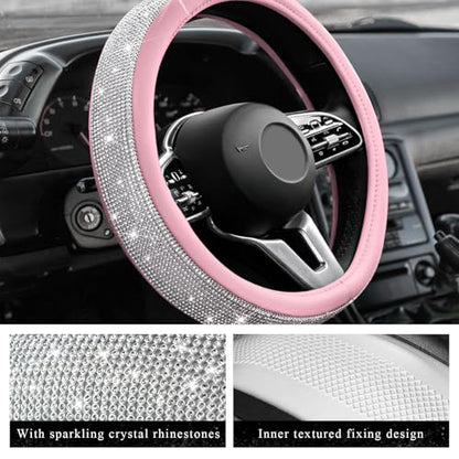 Diamond Leather Steering Wheel Cover, 15 Inch Bling Crystal Rhinestone Anti-Slip Wheel Protector, Universal Sparkling Elegant Diamond Steering Wheels Cover for Women Girl (White&Pink) - color: White&Pink