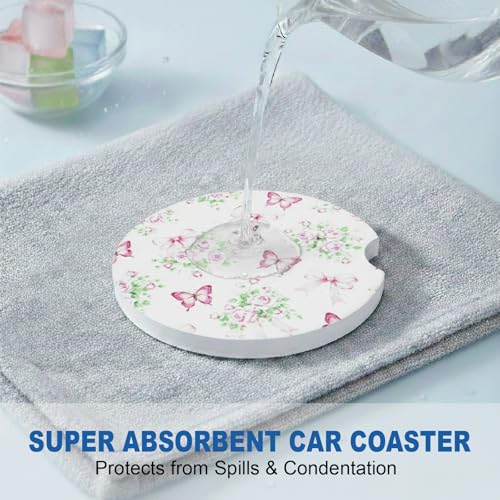 Ceramic Car Coasters, 2 Pack, 2.64" Absorbent Car Cup Holder Coasters, Cute Ceramic Car Coasters for Women, Butterfly Rose & Bow Pattern - color: Butterfly Rose Bow