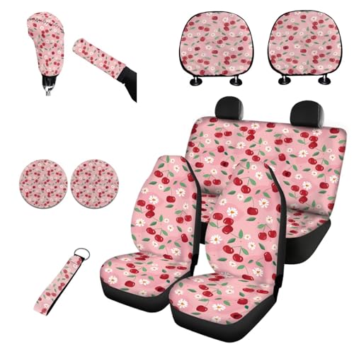 Horeset Daisy Cherry 11 Pieces Car Seat Cover with Headrest Cover Cup Coasters Handbrake Gear Shift Sleeve and Lanyaeds Key Chain Universal Fit Most Cars SUV Van Sedan - color: Daisy Cherry