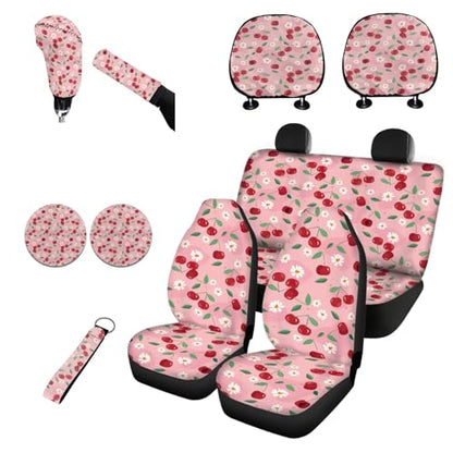 Horeset Daisy Cherry 11 Pieces Car Seat Cover with Headrest Cover Cup Coasters Handbrake Gear Shift Sleeve and Lanyaeds Key Chain Universal Fit Most Cars SUV Van Sedan - color: Daisy Cherry