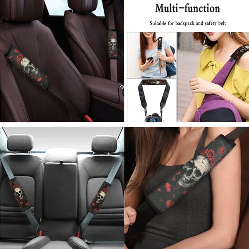 Skull Rose Printed 15 Pcs Car Interior Covers Set, Car Accessories Set Front Rear Car Seat Covers with Steering Wheel Cover Seat Belt Covers Car Headrest Cover Car Coaster - color: Black and Red-Skull Rose