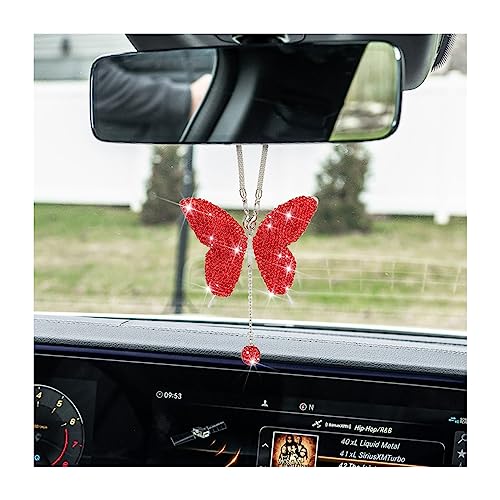 zipelo Bling Butterfly Diamond Car Accessories, Crystal Car Rear View Mirror Charms for Women, Car Decoration Lucky Gifts Hanging Interior Crystal Ornament Pendant Decor for All Cars (Red) - color: Red
