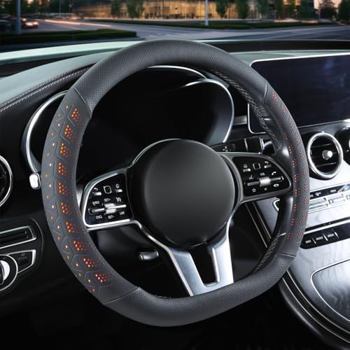 3D Premium Skin-Feel Leather D Shaped Car Steering Wheel Cover, Anti-Slip Breathable Soft Slim Design, Universal 15 inch, Black with Orange - color: Black with Orange, size: D Type-Medium[14.5''-15'']