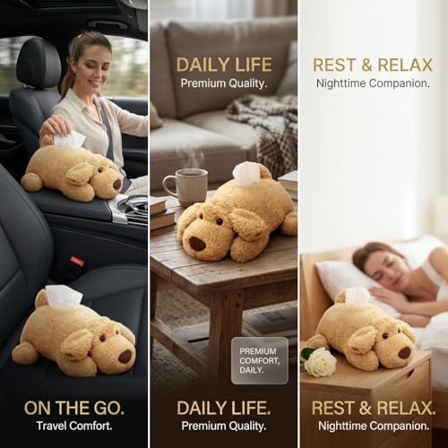 Puppy Plush Tissue Box Holder for Car Soft Stuffed Dog Paper Case Cute Animal Napkin Dispenser for Vehicle Home Office Decoration