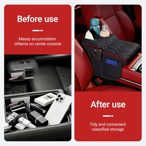 Upgraded Car Center Console Cover,PU Leather Car Armrest Cover Cushion Contains High Elasticity Sponge with 2 Storage Bags Tissue Box (Black RED-B) - color: BLACK RED-B