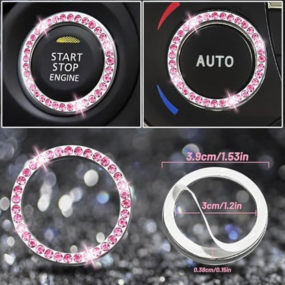 NBTEPEM 12 Pcs Bling Car Accessories Set for Women Car Floor Mats Full Set Steering Wheel Cover Seat Belt Covers Coasters Universal Fit Car SUV Truck Van Pink