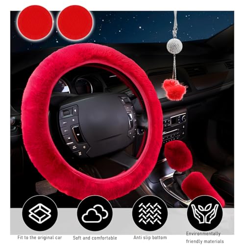 Yourkar 6 PCS Fluffy Steering Wheel Covers Set, 15 Inch Soft Steering Wheel Cover, Handbrake Cover & Gear Shift Cover & Cup Holder Coaster & Car Mirror Accessory, Car Accessories (Red) - color: Red